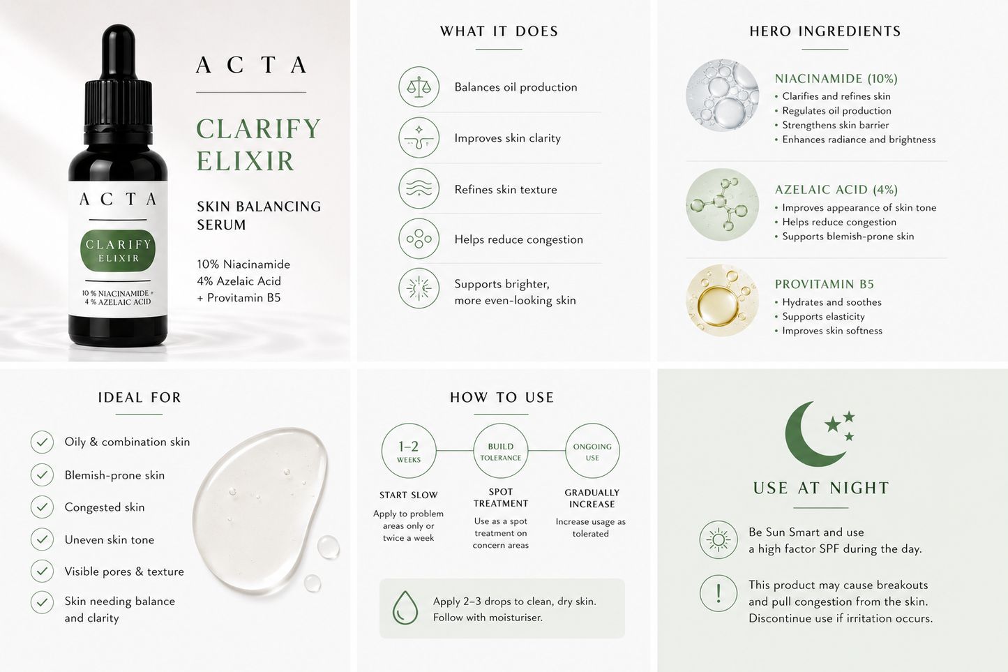 Acta Clarify Elixir skincare serum with bottle, benefits, and usage instructions on a white background.