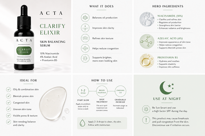 Acta Clarify Elixir skincare serum with bottle, benefits, and usage instructions on a white background.
