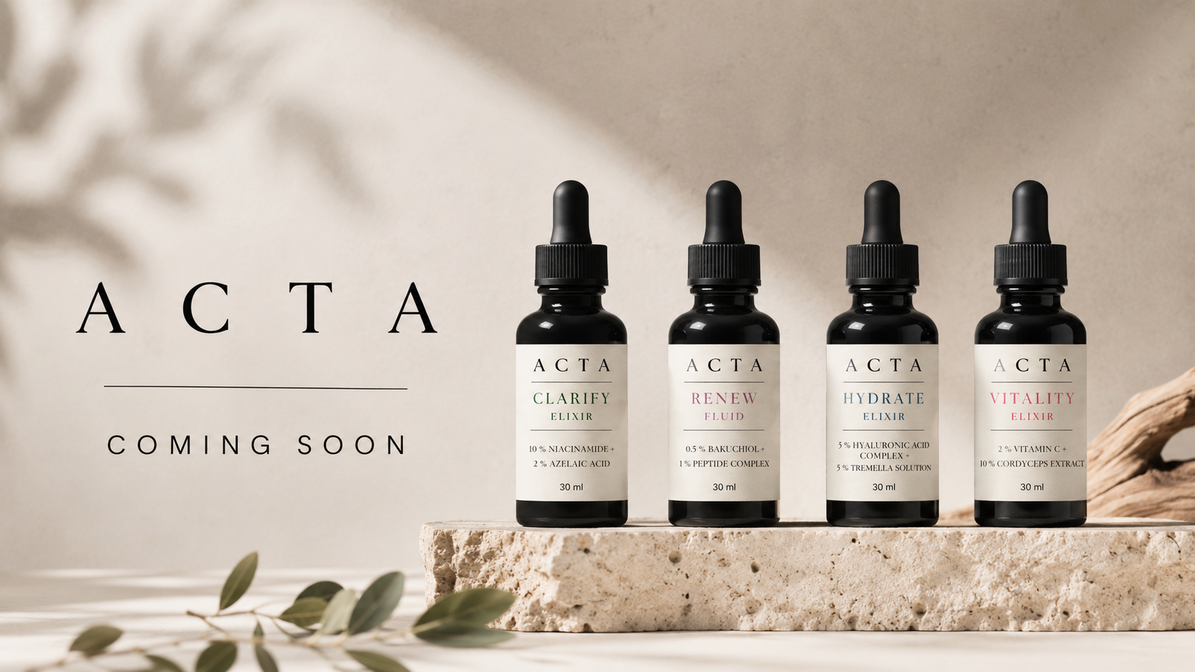 Five ACTA skincare dropper bottles on a neutral background with 'COMING SOON' text.